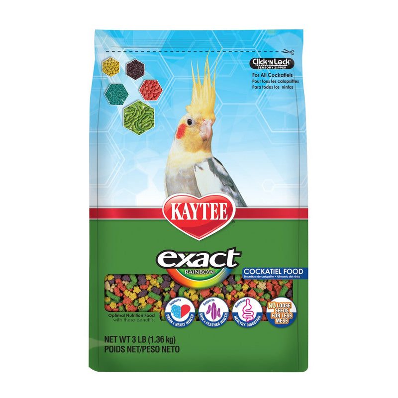 Kaytee exact Rainbow Cockatiel food is a premium food for Cockatiels. Each nugget contains “exact nutrition” ensuring your bird gets exactly the right nutrition to produce better feathers