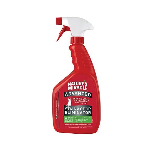 Nature's Miracle Advanced Stain and Odour Eliminator works to discourage re-soiling by removing the odour of cat messes. The bacteria-based formula produces enzymes when it comes in contact with bio-based messes including severe urine