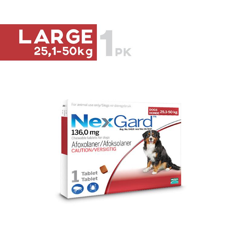 NexGard is a soft chewable dog treat that acts against fleas (before they lay their eggs) and kills them rapidly. Kills all major tick species that infest dogs for four weeks.